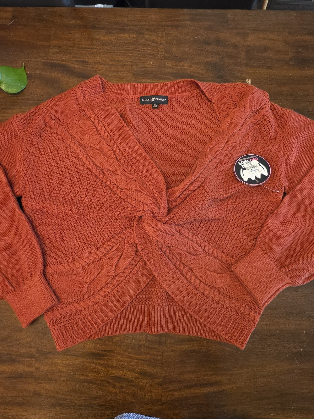 Almost Famous Twist Front Cropped Sweater Rust Orange V-Neck Cable Knit XL